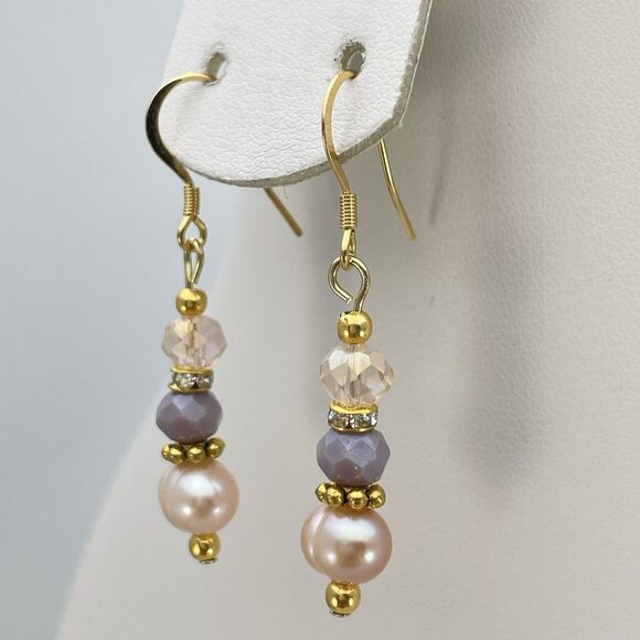 18K Gold Plated Freshwater Pearl Glass Beaded Dangle Earrings Bridal Cute Unique - Picture 3 of 6